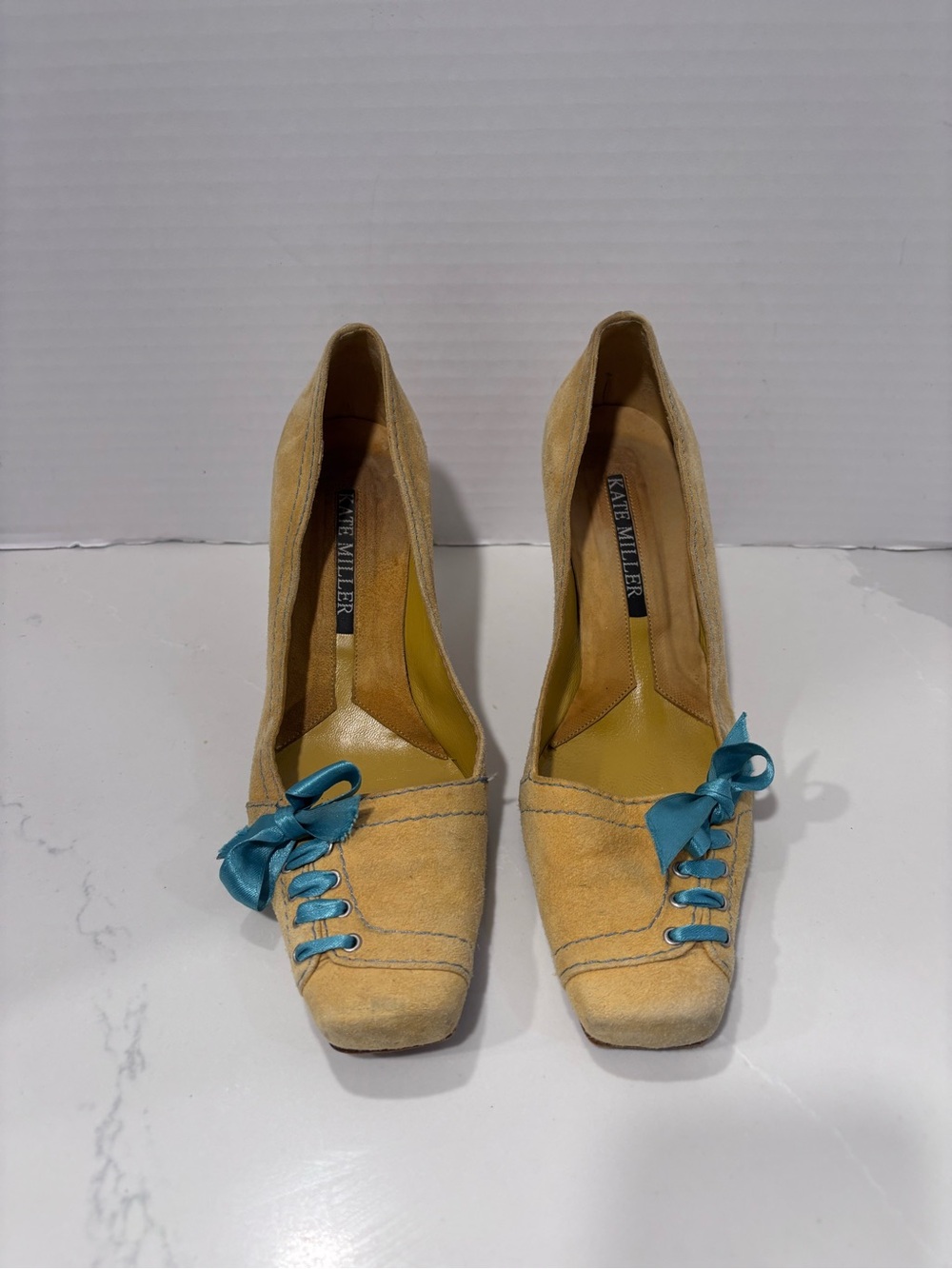 Vintage Kate Miller Yellow Suede Pumps with Teal Ribbon Accent Size 37